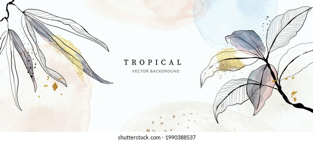 Abstract Art Background Vector. Luxury Minimal Style Wallpaper With Golden Line Art Flower And Botanical Leaves, Organic Shapes, Watercolor. Vector Background For Banner, Poster, Web And Packaging.