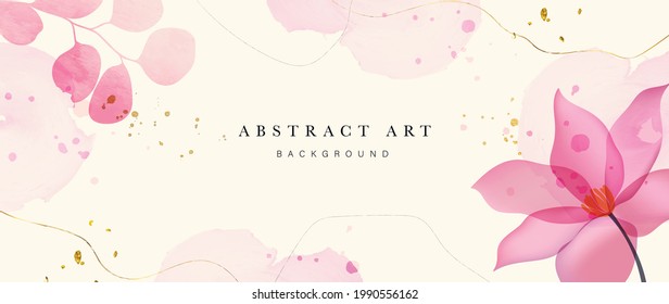 Resumen del vector de fondo de arte. Papel pintado de estilo minimalista de lujo con flor de arte de línea dorada y hojas botánicas, Formas orgánicas, acuarela. Fondo vectorial para banner, afiche, web y empaque.