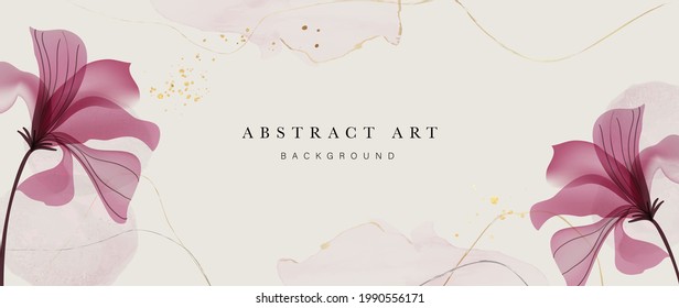 Resumen del vector de fondo de arte. Papel pintado de estilo minimalista de lujo con flor de arte de línea dorada y hojas botánicas, Formas orgánicas, acuarela. Fondo vectorial para banner, afiche, web y empaque.