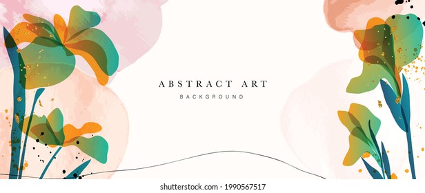 Abstract art background vector. Luxury minimal style wallpaper with golden line art flower and botanical leaves, Organic shapes, Watercolor. Vector background for banner, poster, Web and packaging.