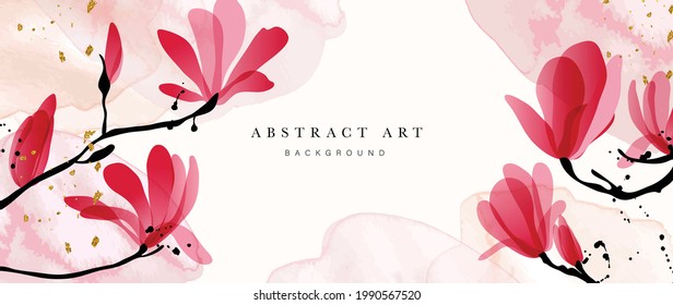 Abstract art background vector. Luxury minimal style wallpaper with golden line art flower and botanical leaves, Organic shapes, Watercolor. Vector background for banner, poster, Web and packaging.