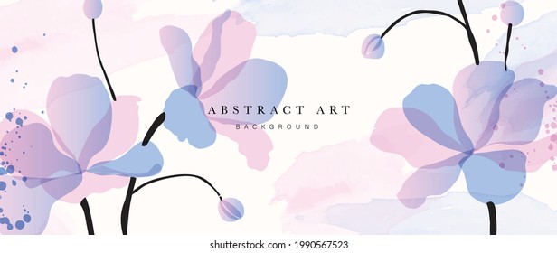 Abstract art background vector. Luxury minimal style wallpaper with golden line art flower and botanical leaves, Organic shapes, Watercolor. Vector background for banner, poster, Web and packaging.