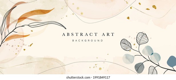 Abstract art background vector. Luxury minimal style wallpaper with golden line art flower and botanical leaves, Organic shapes, Watercolor. Vector background for banner, poster, Web and packaging.