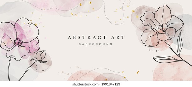 Abstract art background vector. Luxury minimal style wallpaper with golden line art flower and botanical leaves, Organic shapes, Watercolor. Vector background for banner, poster, Web and packaging.