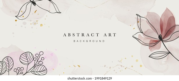 Abstract art background vector. Luxury minimal style wallpaper with golden line art flower and botanical leaves, Organic shapes, Watercolor. Vector background for banner, poster, Web and packaging.