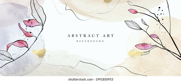 Abstract art background vector. Luxury minimal style wallpaper with golden line art flower and botanical leaves, Organic shapes, Watercolor. Vector background for banner, poster, Web and packaging.