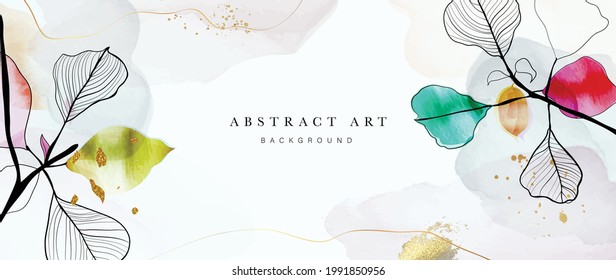 Resumen del vector de fondo de arte. Papel pintado de estilo minimalista de lujo con flor de arte de línea dorada y hojas botánicas, Formas orgánicas, acuarela. Fondo vectorial para banner, afiche, web y empaque.