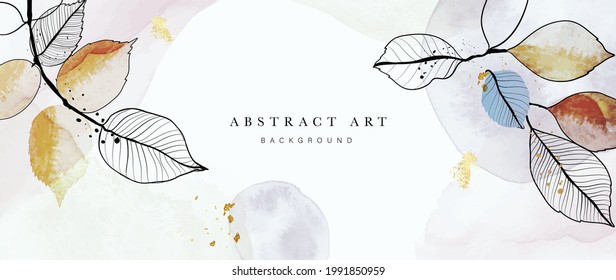 Abstract art background vector. Luxury minimal style wallpaper with golden line art flower and botanical leaves, Organic shapes, Watercolor. Vector background for banner, poster, Web and packaging.