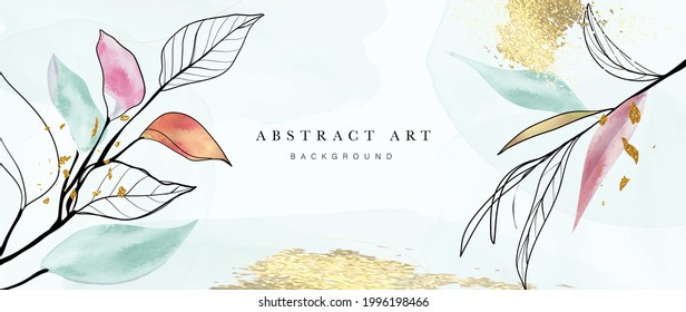 Abstract art background vector. Luxury minimal style wallpaper with golden line art flower and botanical leaves, Organic shapes, Watercolor. Vector background for banner, poster, Web and packaging.