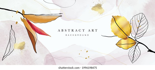 Abstract art background vector. Luxury minimal style wallpaper with golden line art flower and botanical leaves, Organic shapes, Watercolor. Vector background for banner, poster, Web and packaging.