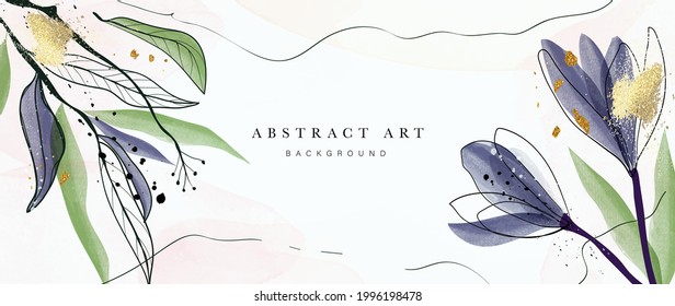 Resumen del vector de fondo de arte. Papel pintado de estilo minimalista de lujo con flor de arte de línea dorada y hojas botánicas, Formas orgánicas, acuarela. Fondo vectorial para banner, afiche, web y empaque.