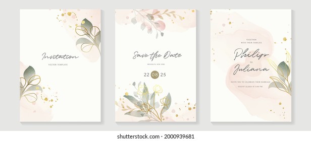 Abstract art background vector. Luxury invitation card background with golden line art flower and botanical leaves, Organic shapes, Watercolor. Vector invite design for wedding and vip cover template.