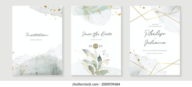 Abstract art background vector. Luxury invitation card background with golden line art flower and botanical leaves, Organic shapes, Watercolor. Vector invite design for wedding and vip cover template.