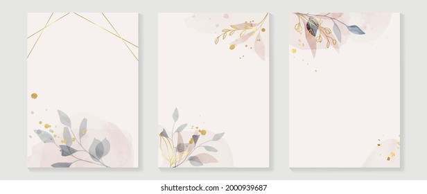 Abstract art background vector. Luxury invitation card background with golden line art flower and botanical leaves, Organic shapes, Watercolor. Vector invite design for wedding and vip cover template.