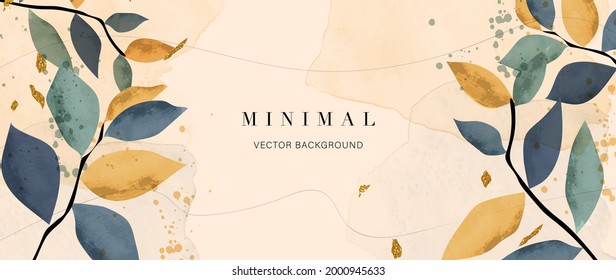 Abstract art background vector. Luxury minimal style wallpaper with golden line art flower and botanical leaves, Organic shapes, Watercolor. Vector background for banner, poster, Web and packaging.