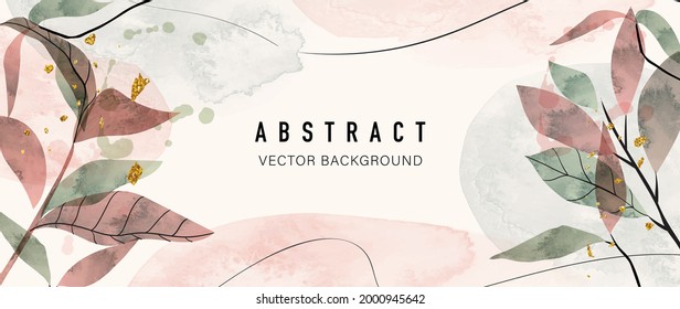 Abstract art background vector. Luxury minimal style wallpaper with golden line art flower and botanical leaves, Organic shapes, Watercolor. Vector background for banner, poster, Web and packaging.