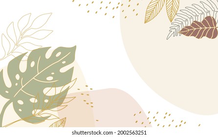 Abstract art background vector. Luxury minimal style wallpaper with golden line art flower and botanical leaves, Organic shapes, Watercolor. Vector background for banner, poster, Web and packaging.