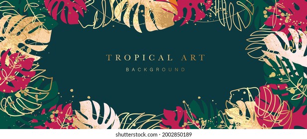 Abstract art background vector. Luxury minimal style wallpaper with golden line art tropical  leaves and botanical leaves, Watercolor. Vector background for banner, poster, Web and packaging.