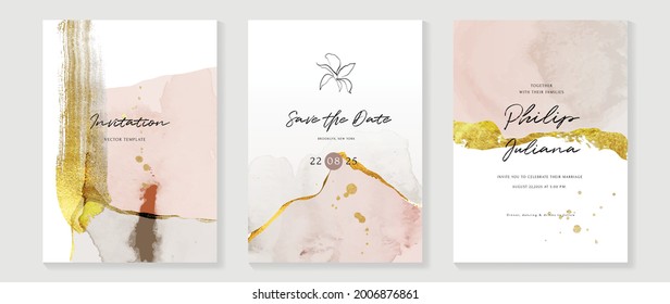 Abstract art background vector. Luxury invitation card background with golden line art flower and botanical leaves, Organic shapes, Watercolor. Vector invite design for wedding and vip cover template.