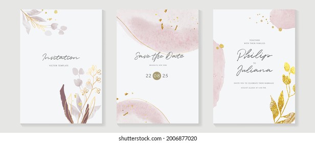 Abstract art background vector. Luxury invitation card background with golden line art flower and botanical leaves, Organic shapes, Watercolor. Vector invite design for wedding and vip cover template.