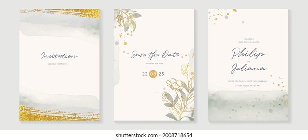 Abstract art background vector. Luxury invitation card background with golden line art flower and botanical leaves, Organic shapes, Watercolor. Vector invite design for wedding and vip cover template.