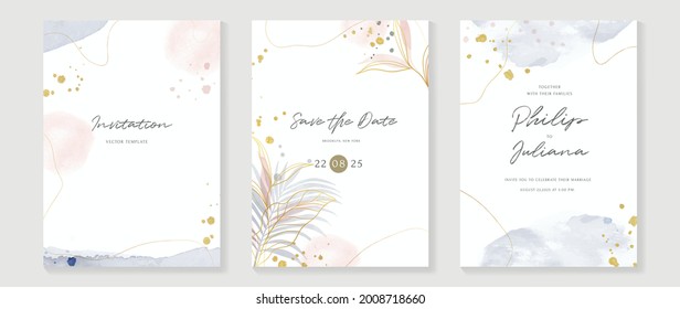 Abstract art background vector. Luxury invitation card background with golden line art flower and botanical leaves, Organic shapes, Watercolor. Vector invite design for wedding and vip cover template.