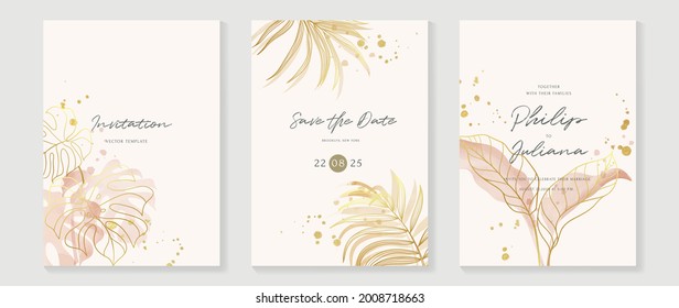 Abstract art background vector. Luxury invitation card background with golden line art flower and botanical leaves, Organic shapes, Watercolor. Vector invite design for wedding and vip cover template.