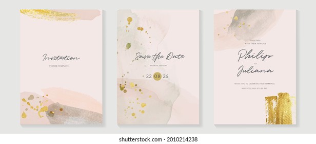 Abstract art background vector. Luxury invitation card background with golden line art and Watercolor brush texture. Vector invite design for wedding and vip cover template.