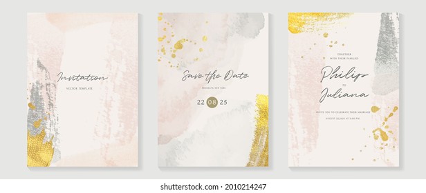 Abstract art background vector. Luxury invitation card background with golden line art and Watercolor brush texture. Vector invite design for wedding and vip cover template.