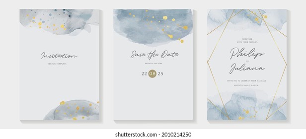 Abstract art background vector. Luxury invitation card background with golden line art and Watercolor brush texture. Vector invite design for wedding and vip cover template.