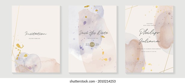 Abstract art background vector. Luxury invitation card background with golden line art and Watercolor brush texture. Vector invite design for wedding and vip cover template.