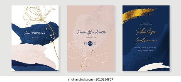 Abstract art background vector. Luxury invitation card background with golden line art flower and botanical leaves, Organic shapes, Watercolor. Vector invite design for wedding and vip cover template.