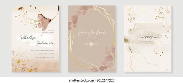 Abstract art background vector. Luxury invitation card background with golden line art flower and botanical leaves, Organic shapes, Watercolor. Vector invite design for wedding and vip cover template.