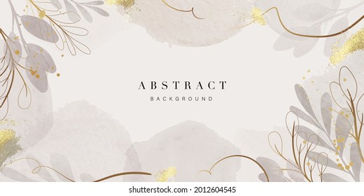 Abstract art background vector. Luxury minimal style wallpaper with golden line art flower and botanical leaves, Organic shapes, Watercolor. Vector background for banner, poster, Web and packaging.