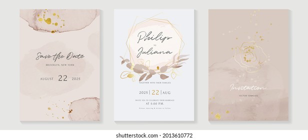 Abstract art background vector. Luxury invitation card background with golden line art flower and botanical leaves, Organic shapes, Watercolor. Vector invite design for wedding and vip cover template.