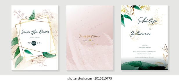 Resumen del vector de fondo de arte. Lujo fondo de tarjeta de invitación con flor de arte de línea dorada y hojas botánicas, formas orgánicas, acuarela. Diseño de invitaciones vectoriales para la boda y la plantilla de cubierta vip.