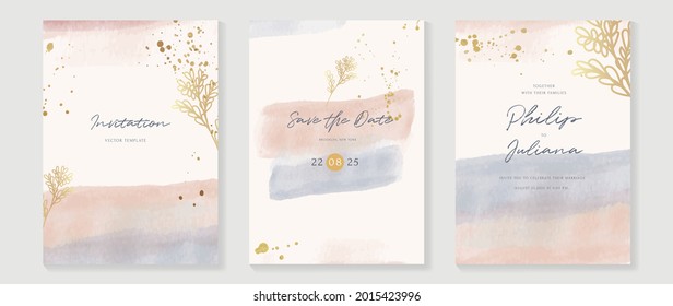 Abstract art background vector. Luxury invitation card background with golden line art flower and botanical leaves, Organic shapes, Watercolor. Vector invite design for wedding and vip cover template.