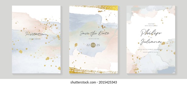 Abstract art background vector. Luxury invitation card background with golden line art and Watercolor brush texture. Vector invite design for wedding and vip cover template.