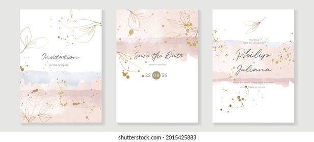 Abstract art background vector. Luxury invitation card background with golden line art and Watercolor brush texture. Vector invite design for wedding and vip cover template.