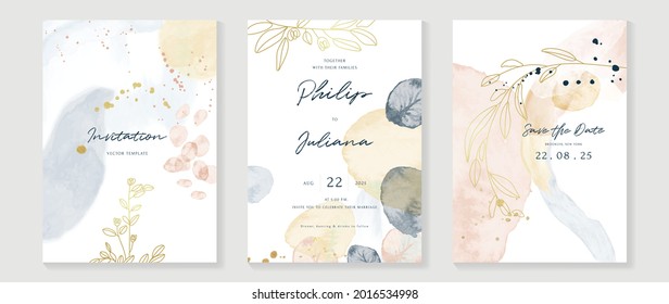 Abstract art background vector. Luxury invitation card background with golden line art flower and botanical leaves, Organic shapes, Watercolor. Vector invite design for wedding and vip cover template.