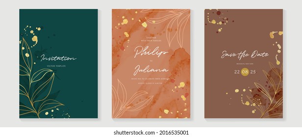 Resumen del vector de fondo de arte. Lujo fondo de tarjeta de invitación con flor de arte de línea dorada y hojas botánicas, formas orgánicas, acuarela. Diseño de invitaciones vectoriales para la boda y la plantilla de cubierta vip.