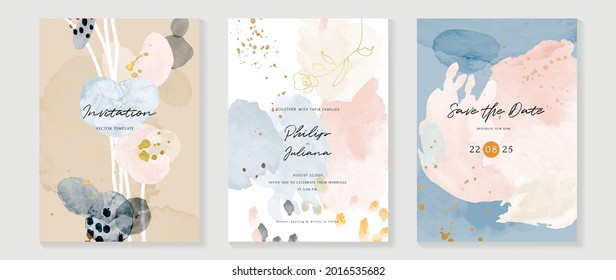 Abstract art background vector. Luxury invitation card background with golden line art and pink Watercolor brush texture. Vector invite design for wedding and vip cover template.