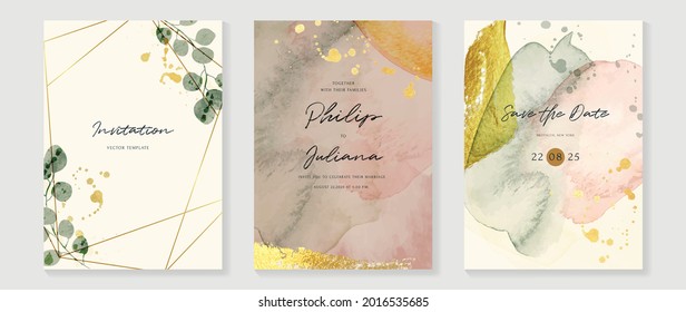 Abstract art background vector. Luxury invitation card background with golden line art and pink Watercolor brush texture. Vector invite design for wedding and vip cover template.