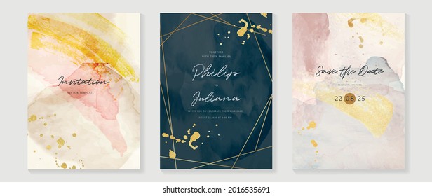 Resumen del vector de fondo de arte. Fondo de la tarjeta de invitación de lujo con arte de línea dorada y textura de pincel de color de agua rosa. Diseño de invitaciones vectoriales para la boda y la plantilla de cubierta vip.