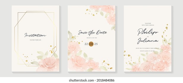 Abstract art background vector. Luxury invitation card background with golden line art flower and botanical leaves, Organic shapes, Watercolor. Vector invite design for wedding and vip cover template.