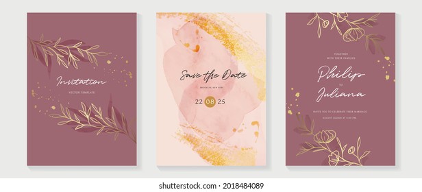 Resumen del vector de fondo de arte. Lujo fondo de tarjeta de invitación con flor de arte de línea dorada y hojas botánicas, formas orgánicas, acuarela. Diseño de invitaciones vectoriales para la boda y la plantilla de cubierta vip.