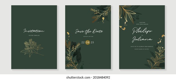 Abstract art background vector. Luxury invitation card background with golden line art flower and botanical leaves, Organic shapes, Watercolor. Vector invite design for wedding and vip cover template.
