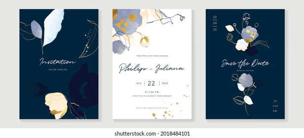 Abstract art background vector. Luxury invitation card background with golden line art flower and botanical leaves, Organic shapes, Watercolor. Vector invite design for wedding and vip cover template.