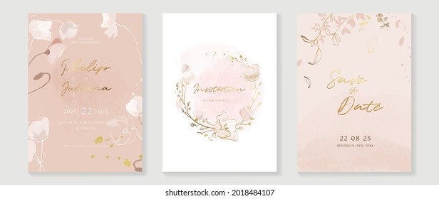 Abstract art background vector. Luxury invitation card background with golden line art flower and botanical leaves, Organic shapes, Watercolor. Vector invite design for wedding and vip cover template.