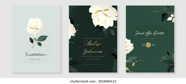 Abstract art background vector. Luxury invitation card background with golden line art flower and botanical leaves, Organic shapes, Watercolor. Vector invite design for wedding and vip cover template.